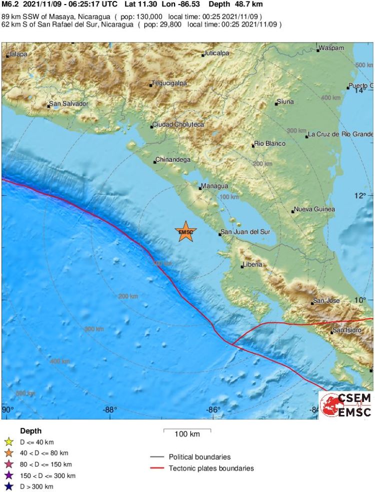 Potente terremoto de 6,2 grados frente a la costa de Nicaragua